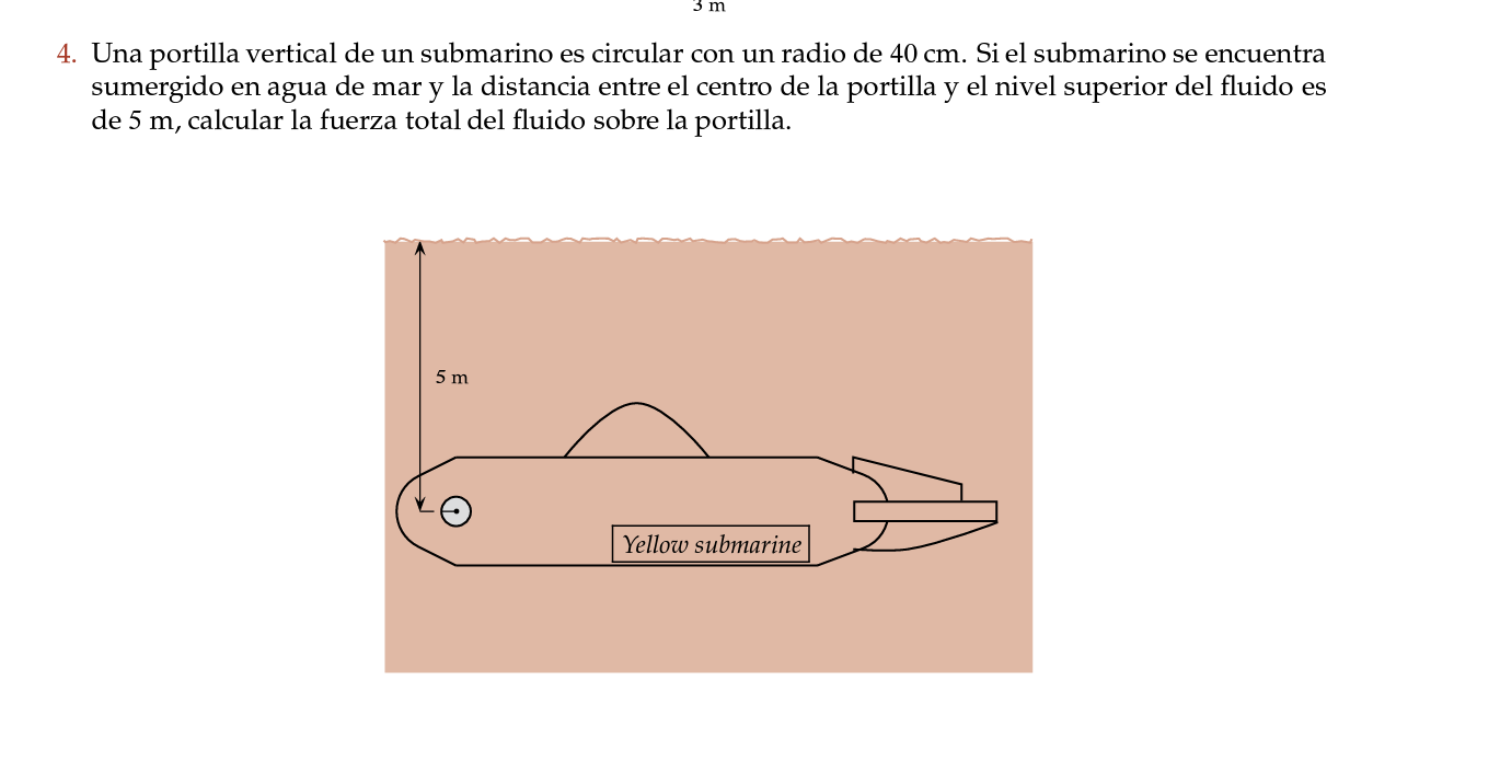 3 m 4. Una portilla vertical de un submarino es circular con un radio de 40 cm. Si el submarino se encuentra sumergido en agu