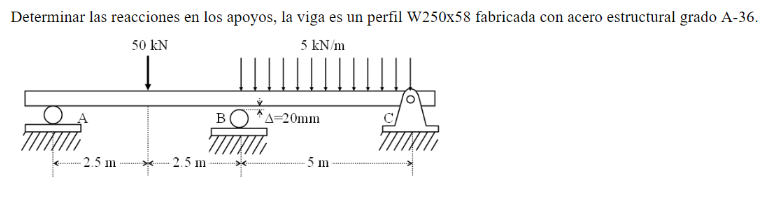 Determinar las reacciones en los apoyos, la viga es un perfil W250x58 fabricada con acero estructural grado A-36. 50 KN 5 kN/