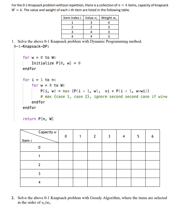 Solved For The 0-1 Knapsack Problem Without Repetition, | Chegg.com