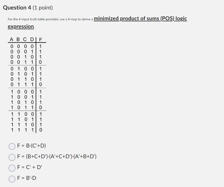 For the 4-input truth table provided, use a k-map to derive a minimized product of sums (POS) logic expression
\[
\begin{arra