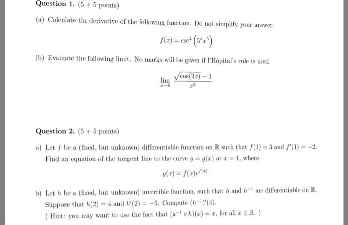 Solved Question 1. (55 points) (a) Calculate the derivative | Chegg.com