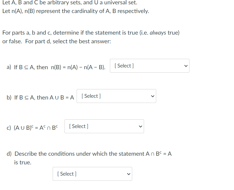 Solved Let A, B And C Be Arbitrary Sets, And U A Universal | Chegg.com