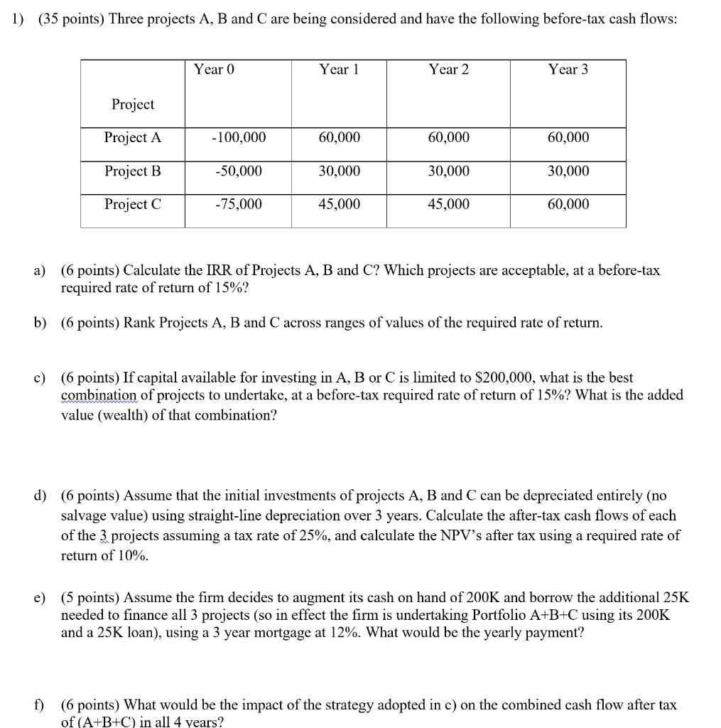 Solved 1) (35 points) Three projects A, B and C are being | Chegg.com
