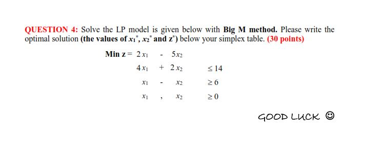 Solved QUESTION 4: Solve the LP model is given below with | Chegg.com