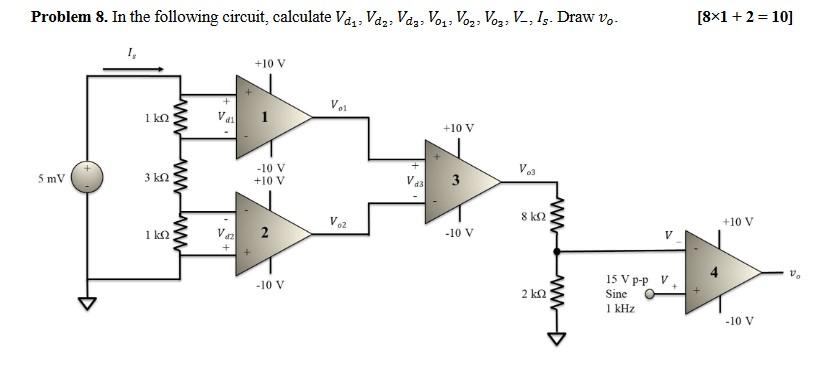 Problem 8. In the following circuit, calculate V?? Vd?: Vd?: Vo?3 Vo? Vo?: V-, Is. Draw vo
I,
5 mV
1kQ
3 ??
1kQ
wwwww
www
+10