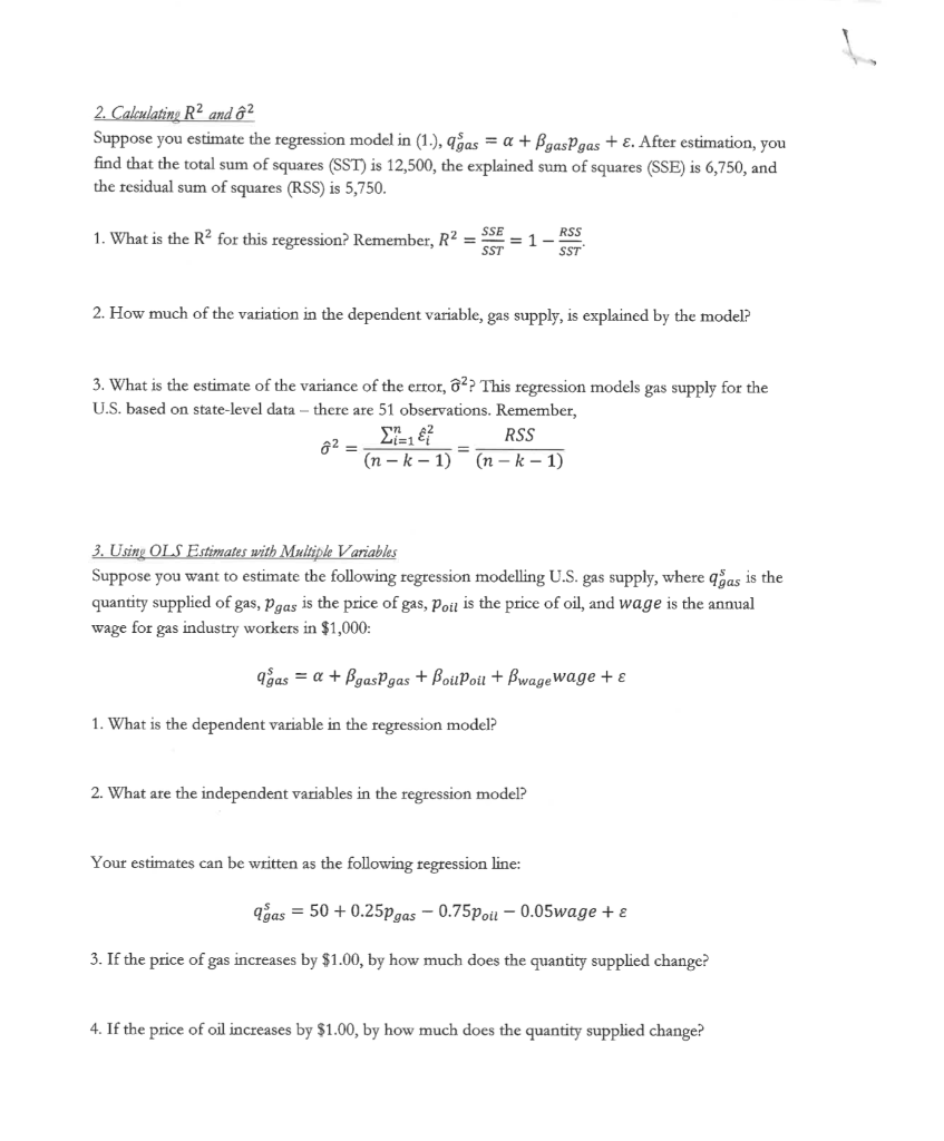 Solved 2. Calculating R2 and 2 Suppose you estimate the | Chegg.com