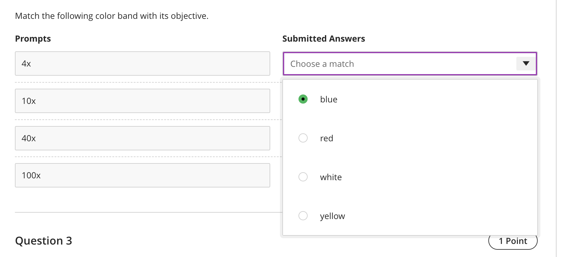 Solved Match the following color band with its objective. | Chegg.com