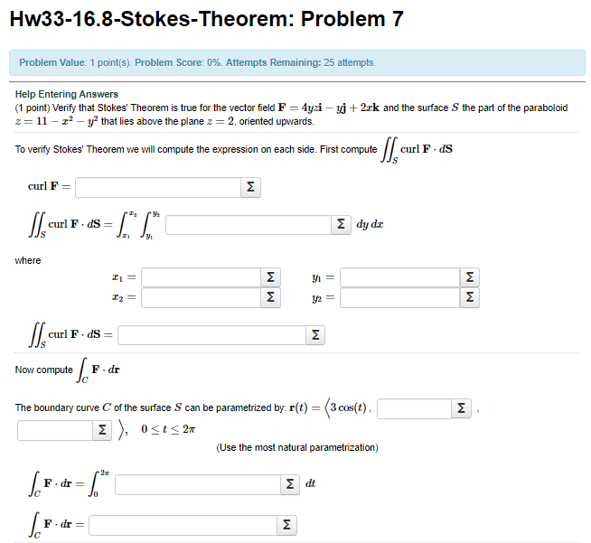 Solved Hw33-16.8-Stokes-Theorem: Problem 7 Problem Value: 1 | Chegg.com