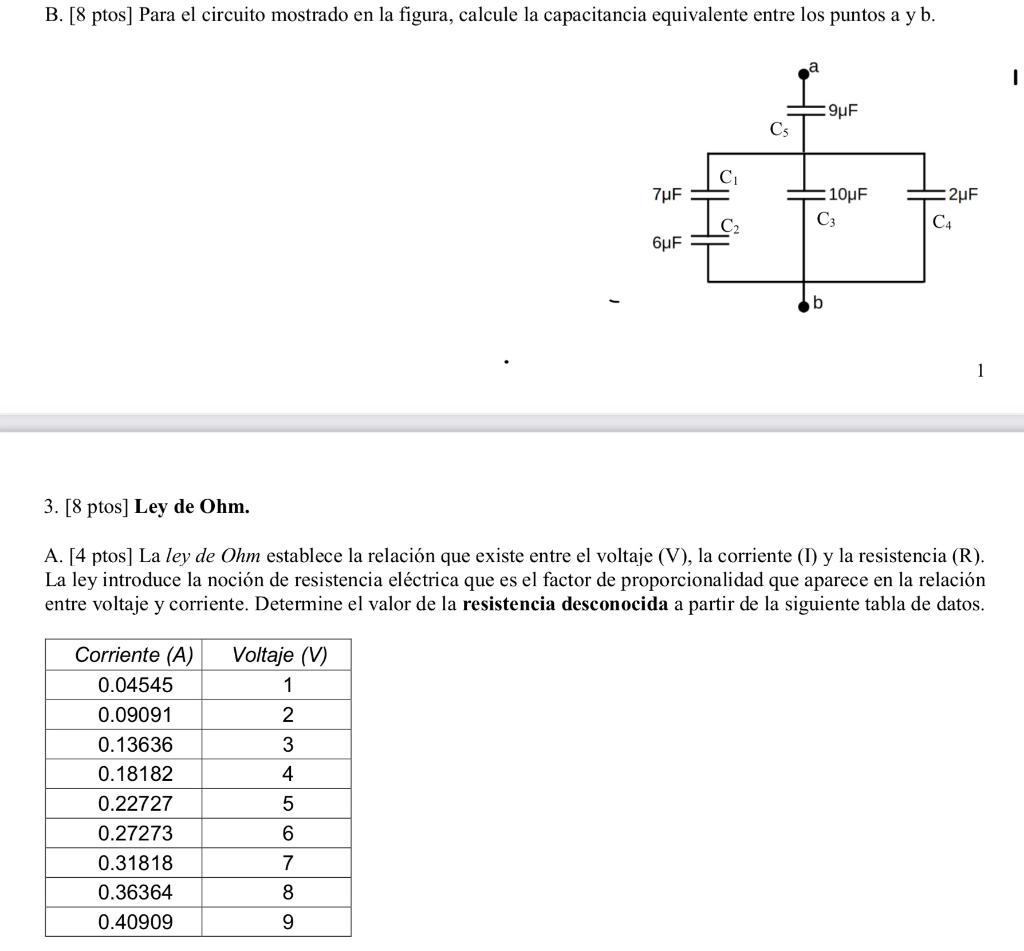 B. [8 ptos] Para el circuito mostrado en la figura, calcule la capacitancia equivalente entre los puntos a y b. 1 3. [8 ptos]