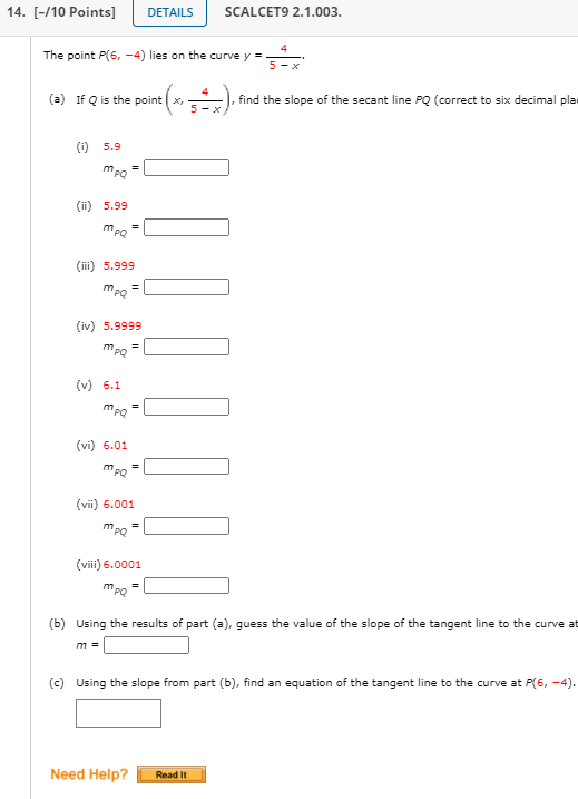 Solved 14. [-/10 Points) DETAILS SCALCET9 2.1.003. 4 The | Chegg.com