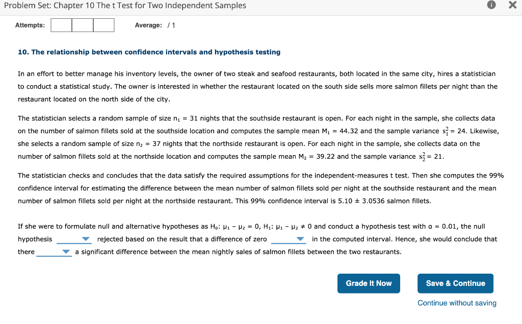 Problem Set: Chapter 10 The t Test for Two | Chegg.com
