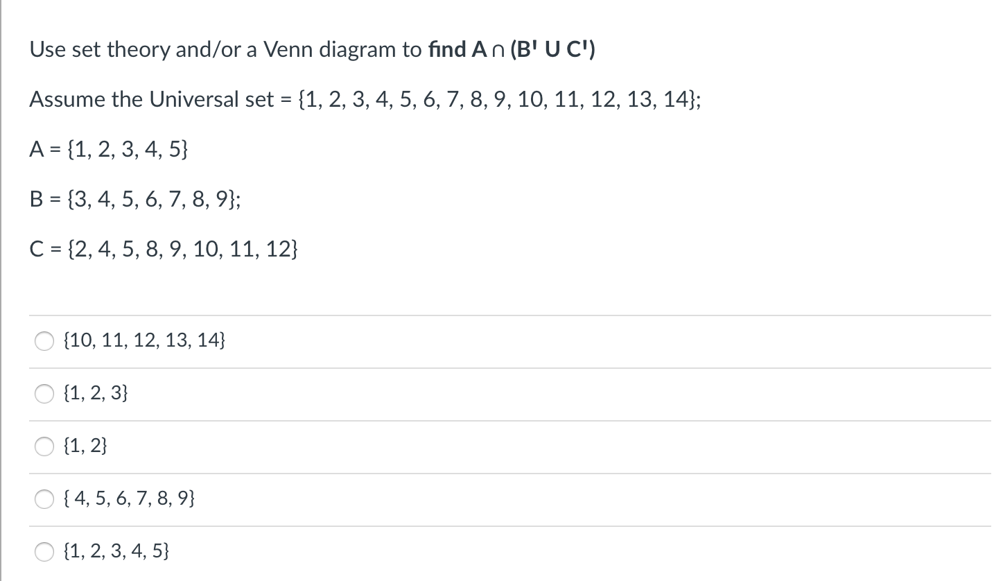 Solved Use Set Theory And/or A Venn Diagram To Find An (B'U | Chegg.com