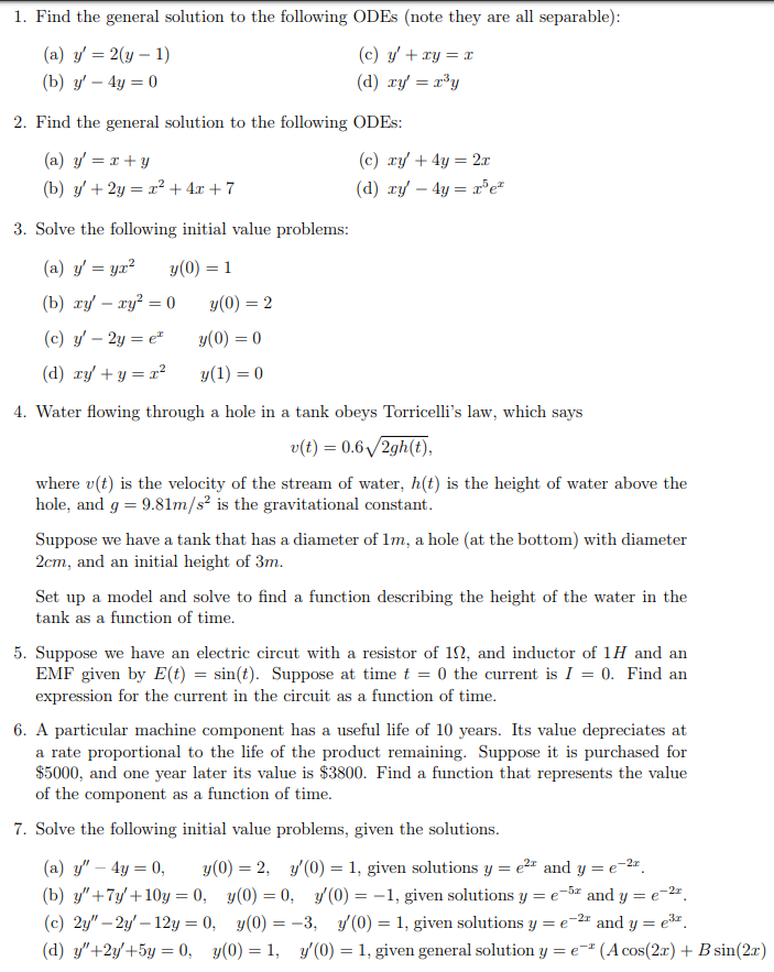 Solved 1. Find the general solution to the following ODEs | Chegg.com image.