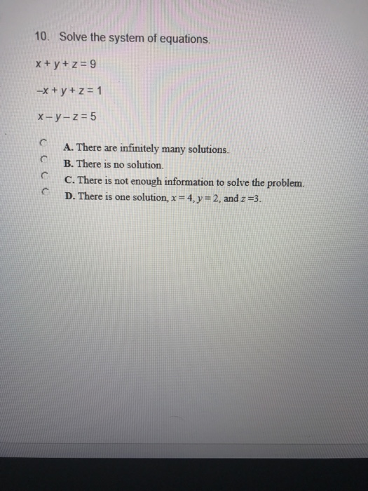 Solved 10. Solve the system of equations -x + y + z = 1 | Chegg.com