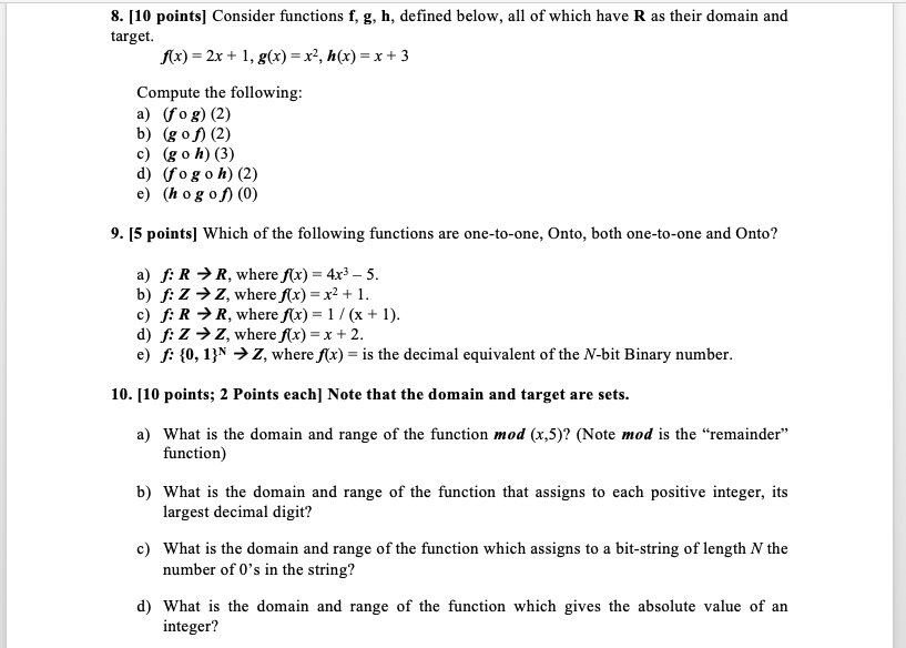 8 10 Points Consider Functions F G H Defined Chegg Com