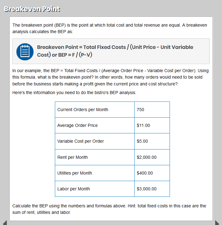 Solved Breakeven Point = Total Fixed Costs / (Unit Price