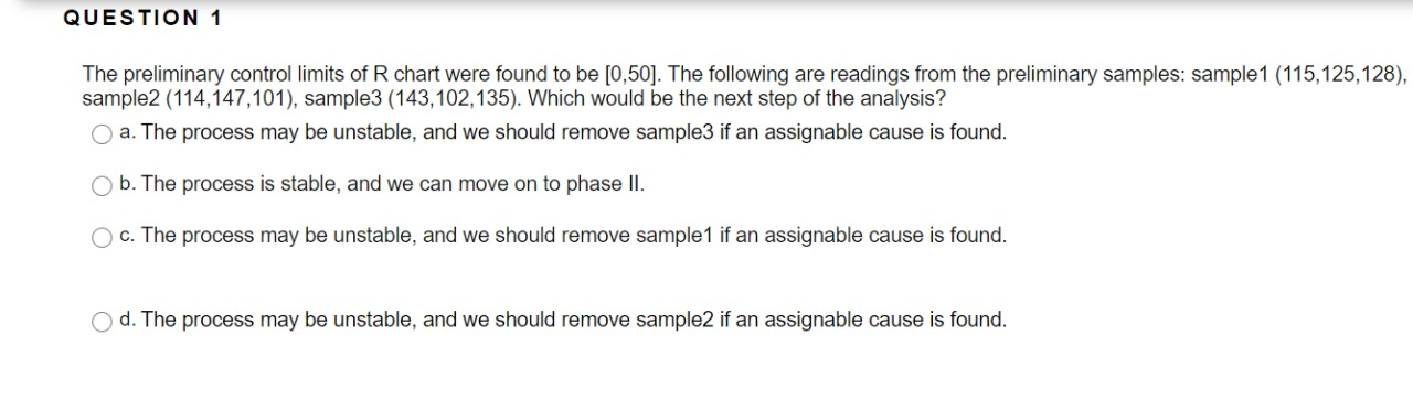 Solved QUESTION 1 The preliminary control limits of R chart | Chegg.com