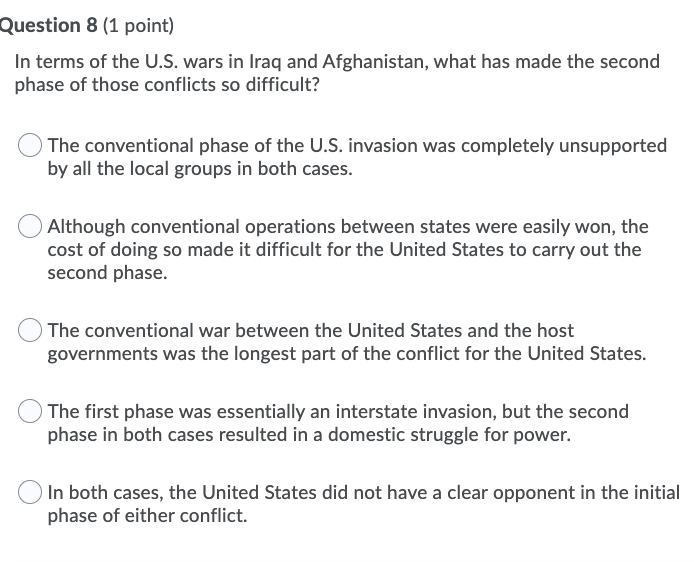 Solved Question 8 (1 point) In terms of the U.S. wars in | Chegg.com