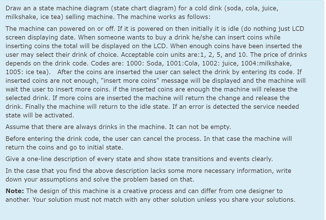 Solved Draw an a state machine diagram (state chart diagram) | Chegg.com