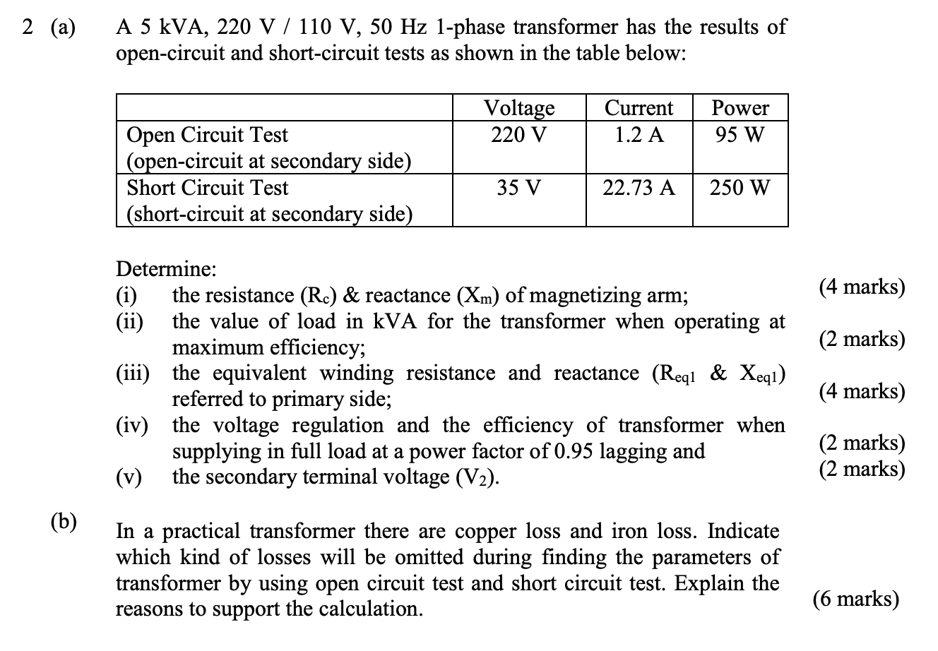 Solved 2 (a) A 5 KVA, 220 V / 110 V, 50 Hz 1-phase | Chegg.com