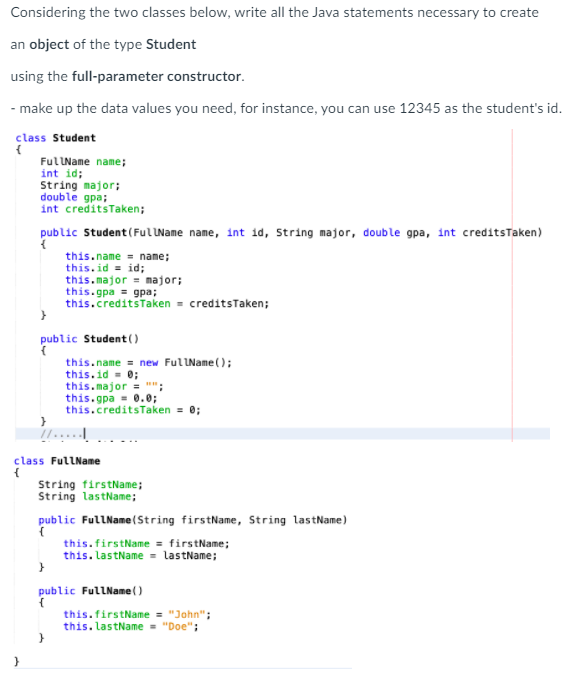 Solved Considering the two classes below, write all the Java | Chegg.com
