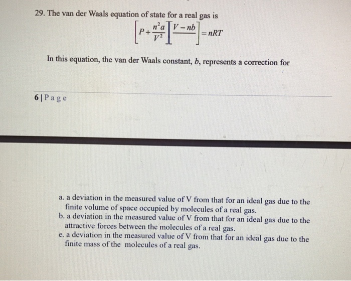 Solved 29. The van der Waals equation of state for a real | Chegg.com