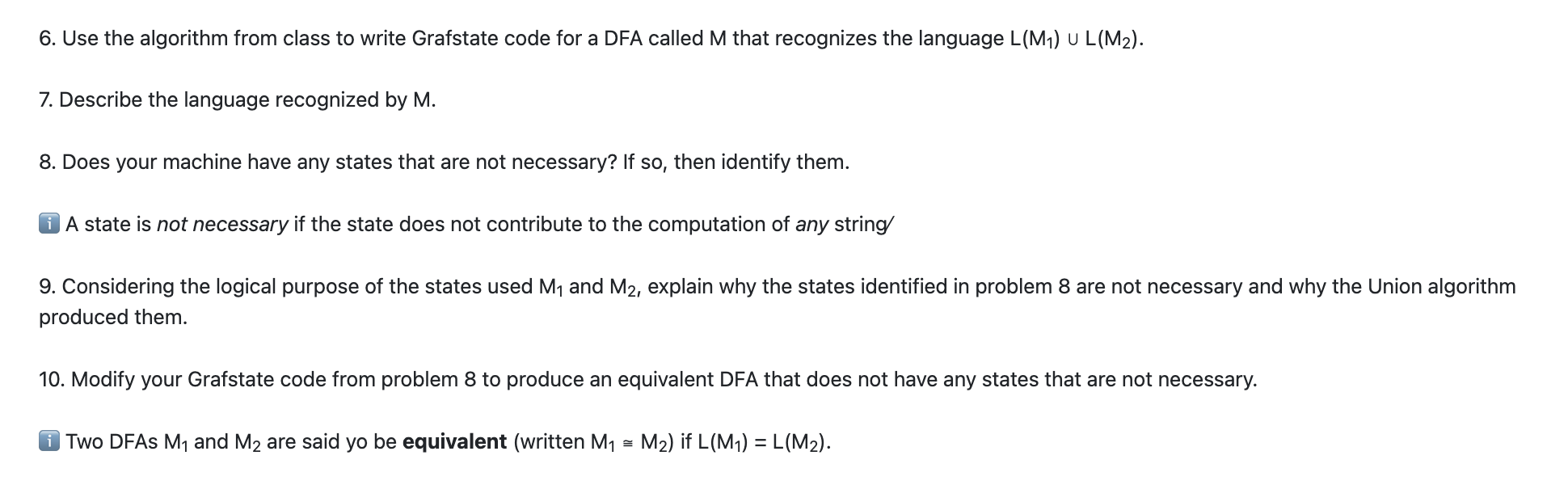 6. Use the algorithm from class to write Grafstate code for a DFA called \( M \) that recognizes the language \( L\left(M_{1}