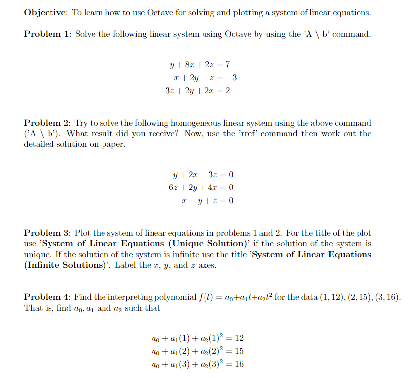 Solved Objective: To learn how to use Octave for solving and | Chegg.com