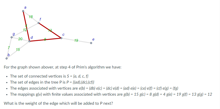 Solved а 18 f g c с 20 d e 19 7 15 b For the graph shown | Chegg.com