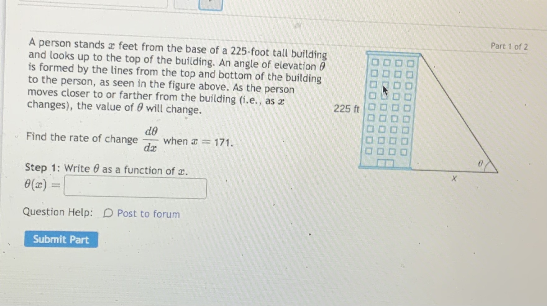 Solved A person stands x feet from the base of a 225 -foot | Chegg.com