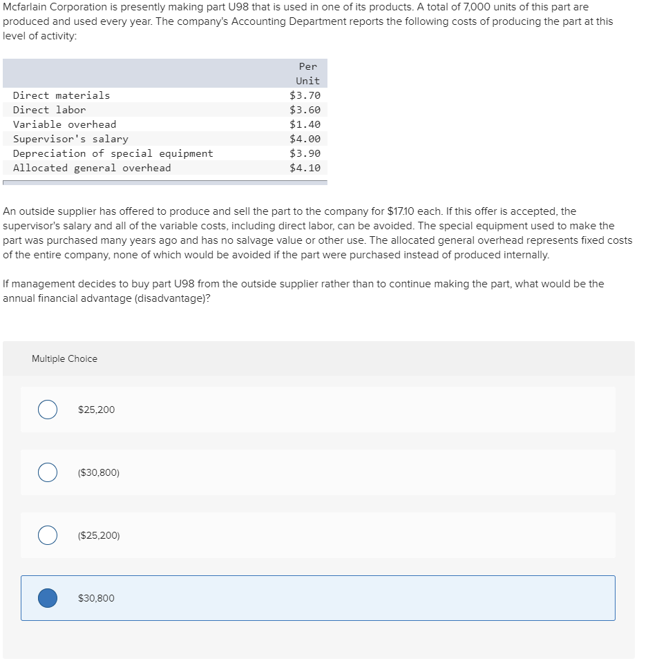 Solved Mcfarlain Corporation is presently making part U98 | Chegg.com
