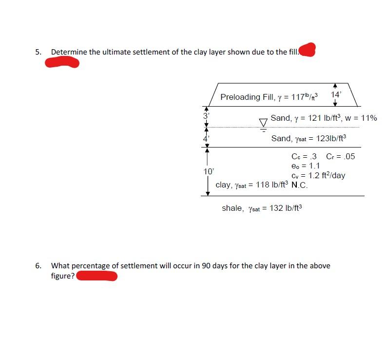 5. Determine the ultimate settlement of the clay layer shown due to the fill.
6. What percentage of settlement will occur in 