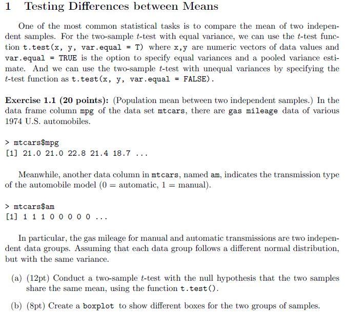 Solved 1 Testing Differences between Means One of the most | Chegg.com