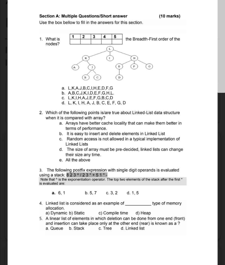 Solved (10 Marks) Section A: Multiple Questions/Short Answer | Chegg.com