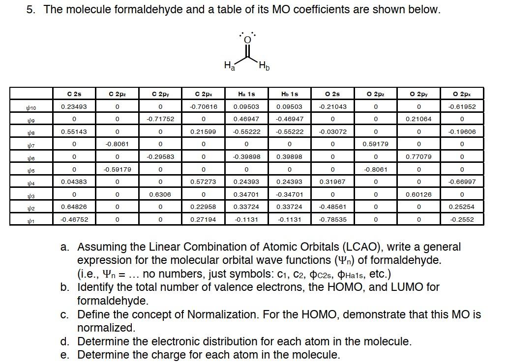 Solved 5. The molecule formaldehyde and a table of its MO | Chegg.com