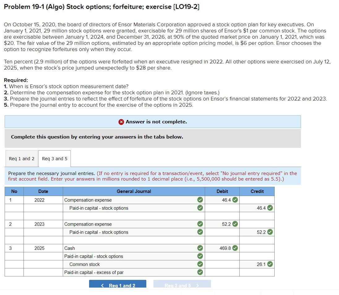 Solved Problem 19-1 (Algo) Stock options; forfeiture; | Chegg.com