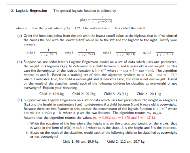 2. Logistic Regression The general logistic function | Chegg.com