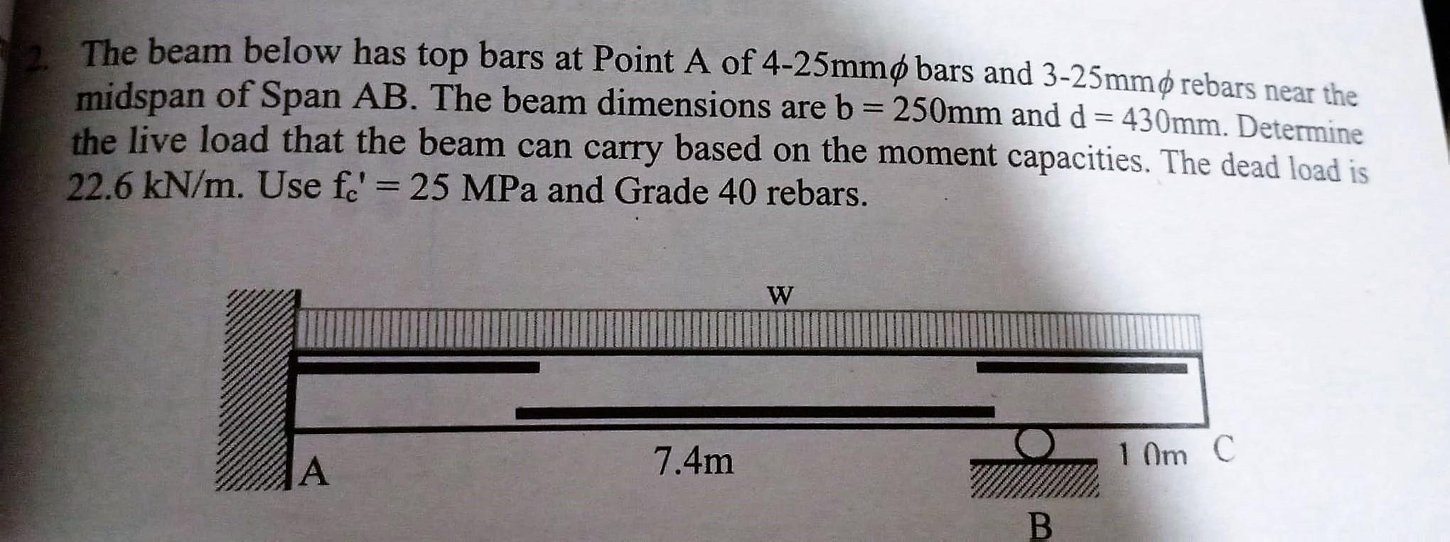 Solved The beam below has top bars at Point A of 4-25mmØ | Chegg.com