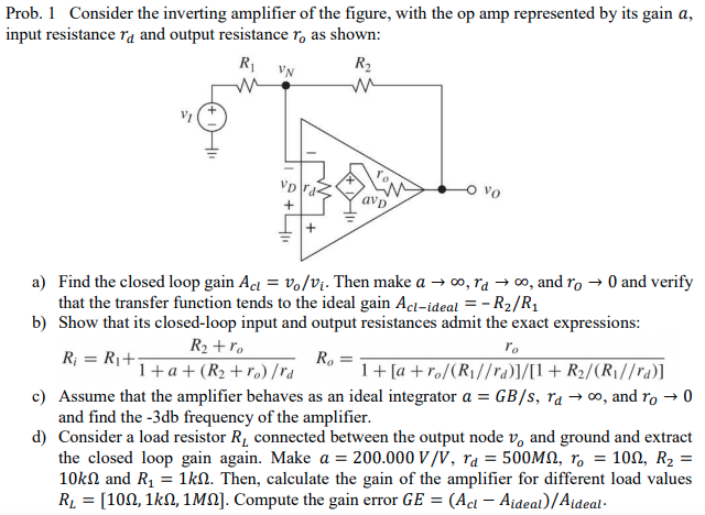 Solved Prob. 1 Consider the inverting amplifier of the | Chegg.com