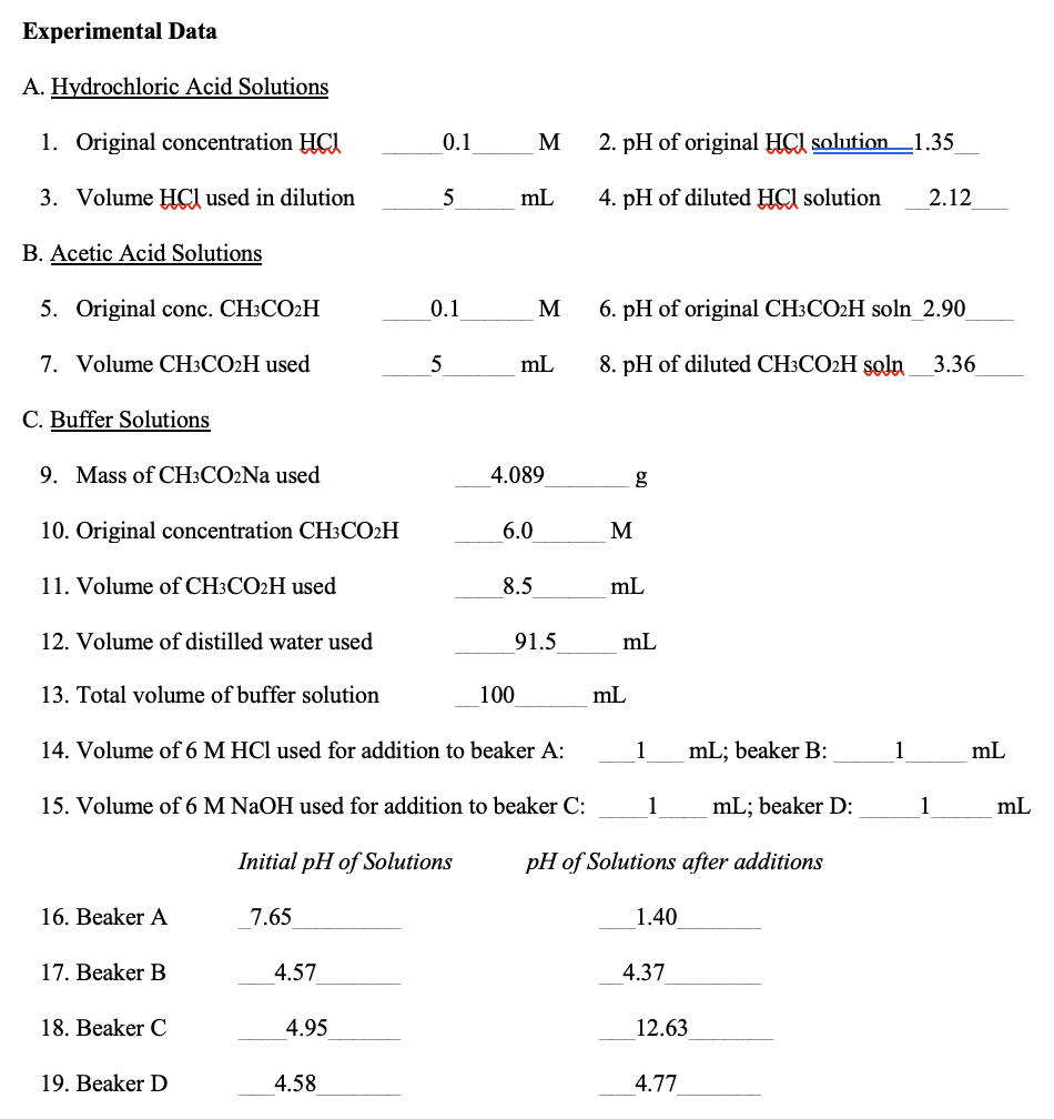Solved Experimental Data A. Hydrochloric Acid Solutions 1. | Chegg.com