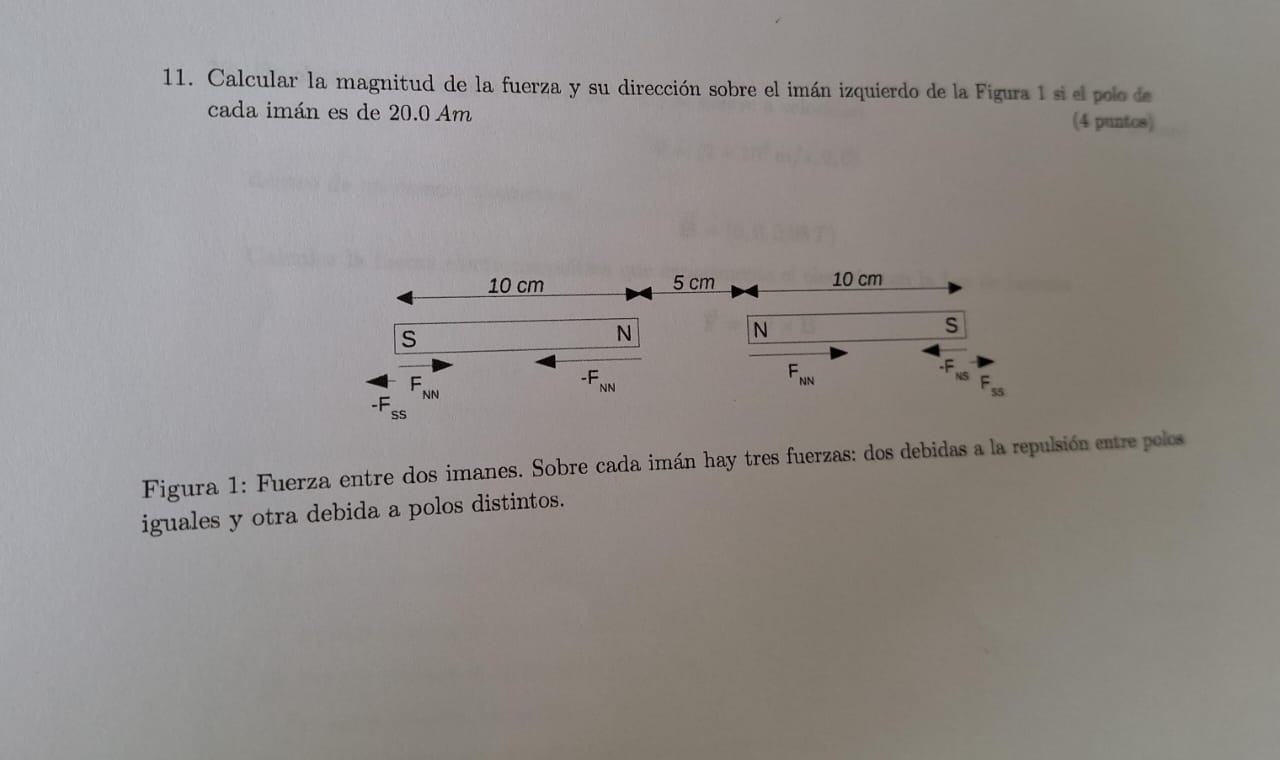 11. Calcular la magnitud de la fuerza y su dirección sobre el imán izquierdo de la Figura 1 si el polo de cada imán es de \(