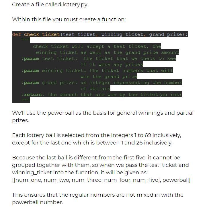Solved Create a file called lottery.py. Within this file you | Chegg.com