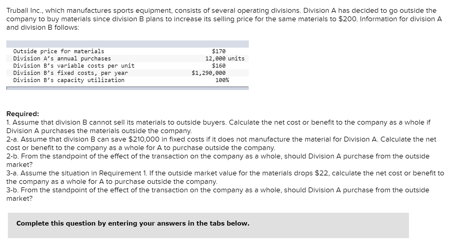 Solved Truball Inc., Which Manufactures Sports Equipment, | Chegg.com