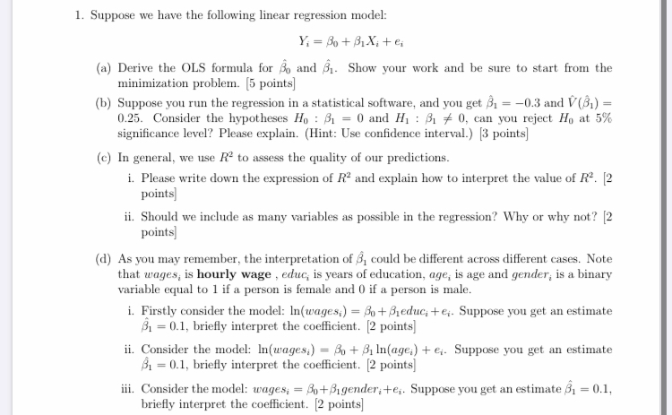 Solved 1. Suppose we have the following linear regression | Chegg.com