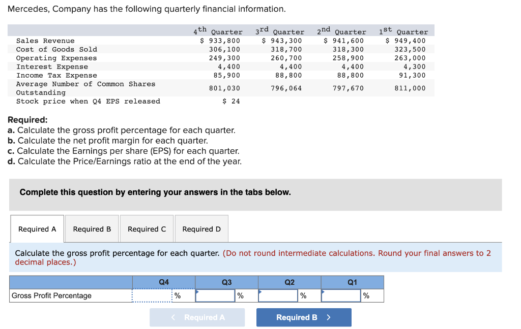 Solved Mercedes, Company has the following quarterly | Chegg.com