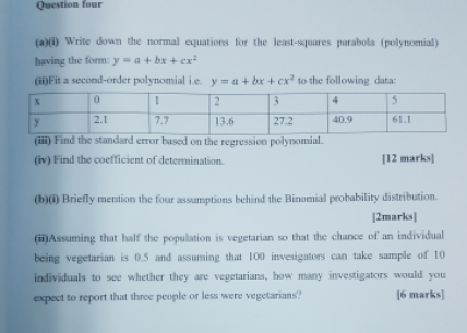 Solved Question four (a)(i) Write down the normal equations | Chegg.com