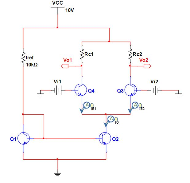 Solved VCC 10V Rc1 Rc2 Iref Vo1 Vo2 Vi1 Vi2 Q4 Q3 Q1 Q2 | Chegg.com