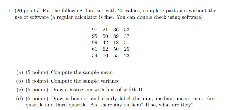 Solved 1. (20 points) For the following data set with 20 | Chegg.com