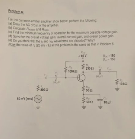 Solved Problem 6: For the common-emitter amplifier show | Chegg.com