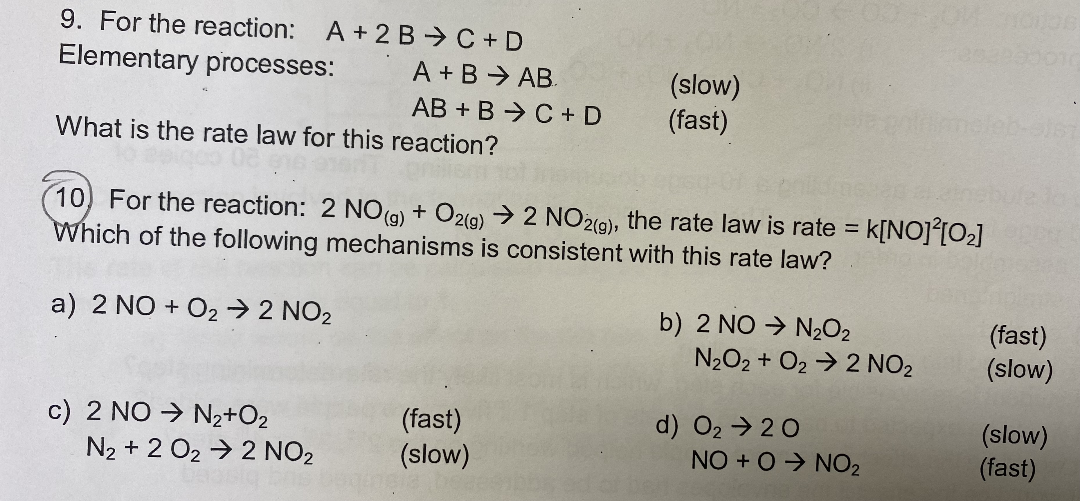 Solved 9. For the reaction: A+2B→C+D Elementary processes: | Chegg.com